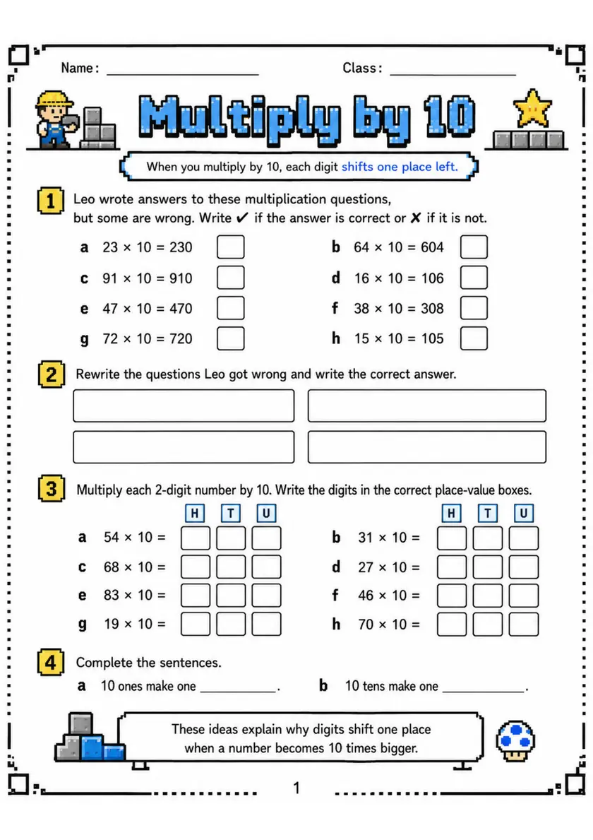 Multiply by 10 - Grade 3 Math Worksheet - grade 3 Reading, explanation, and short-response questions grade 3 printable PDF preview