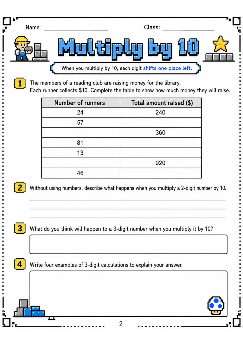 Multiply by 10 - Grade 3 Math Worksheet - grade 3 Graphs, tables, and data interpretation grade 3 printable PDF preview