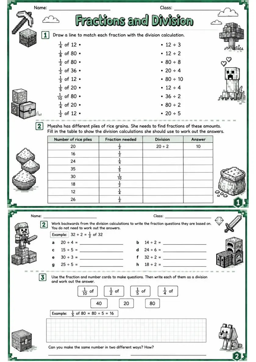 Fractions and Division - Grade 3 Math Worksheet - WKS-MAT-grade-3-XH-0052-EN grade 3 printable PDF preview