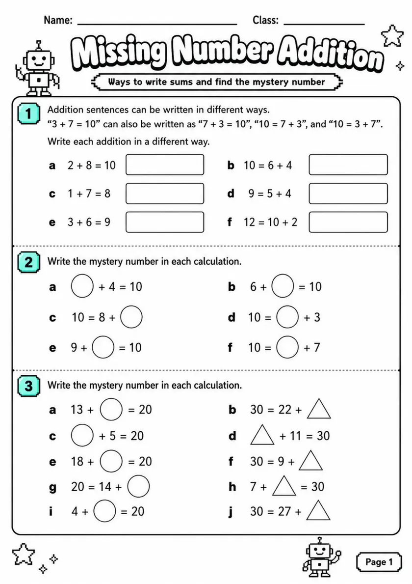 Missing Number Addition - Grade 3 Math Worksheet - grade 3 Reading, explanation, and short-response questions grade 3 printable PDF preview