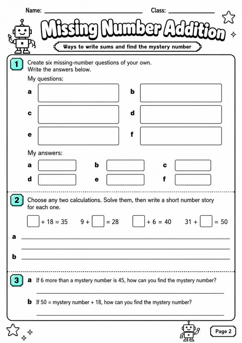 Missing Number Addition - Grade 3 Math Worksheet - grade 3 Calculations and multi-step problem solving grade 3 printable PDF preview