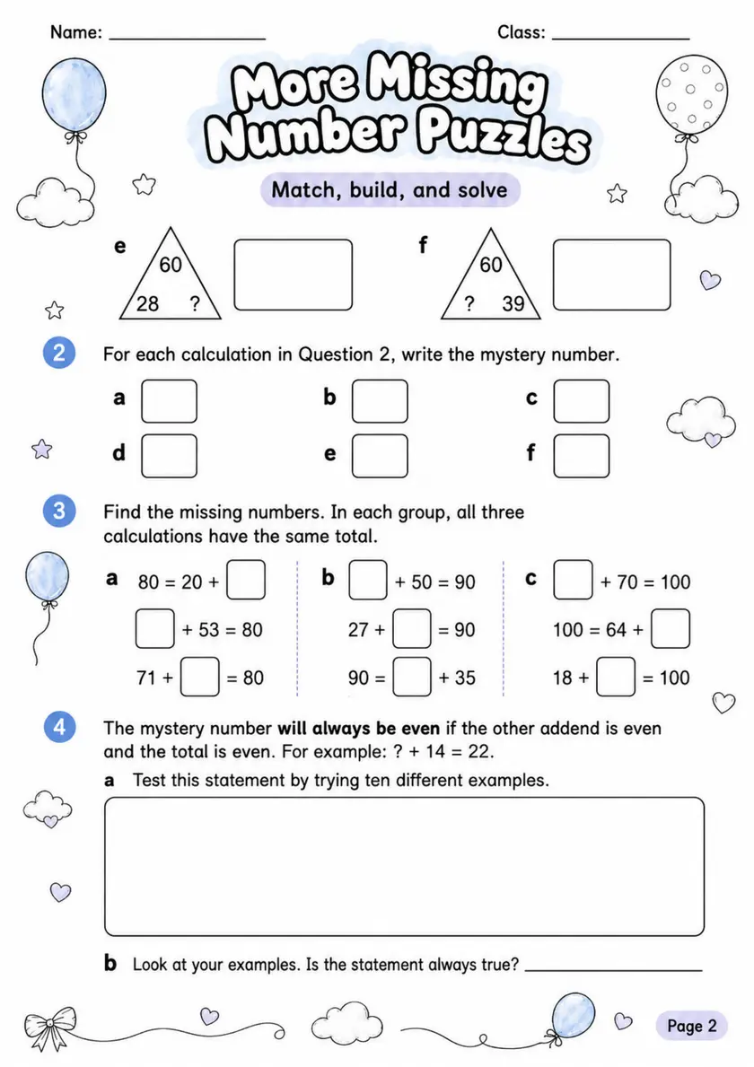 More Missing Number Puzzles - Grade 3 Math Worksheet - WKS-MAT-grade-3-XH-0057-EN grade 3 printable PDF preview
