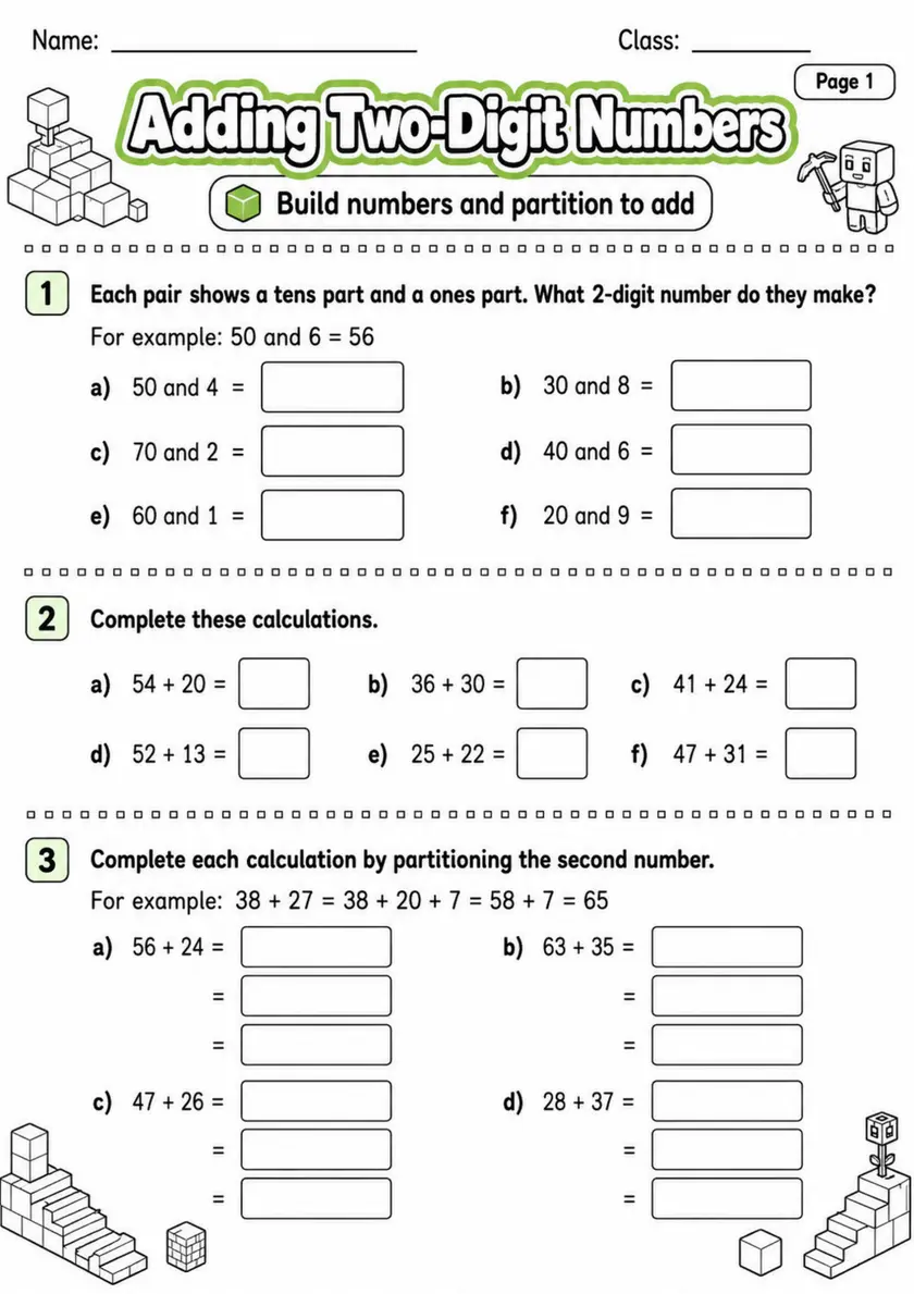 Adding Two-Digit Numbers - Grade 3 Math Worksheet - grade 3 Printable independent practice grade 3 printable PDF preview