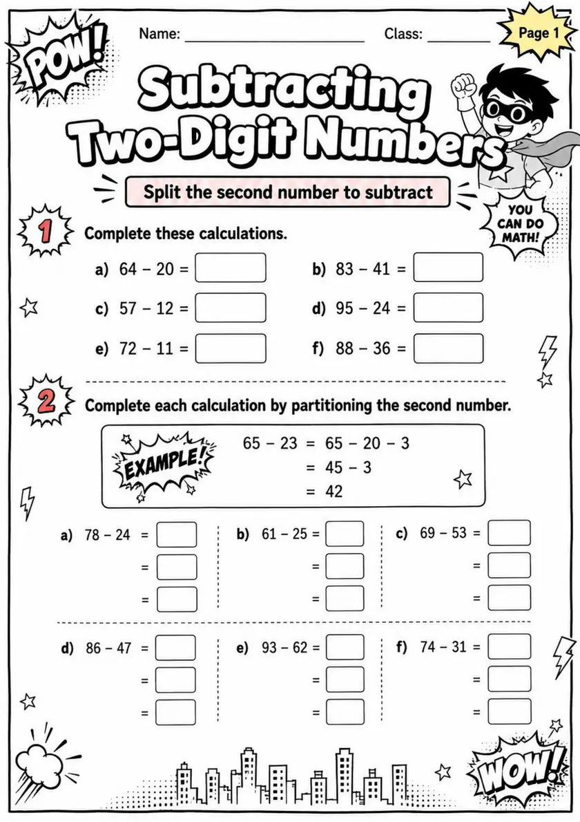 Subtracting Two-Digit Numbers - Grade 3 Math Worksheet - grade 3 Printable independent practice grade 3 printable PDF preview