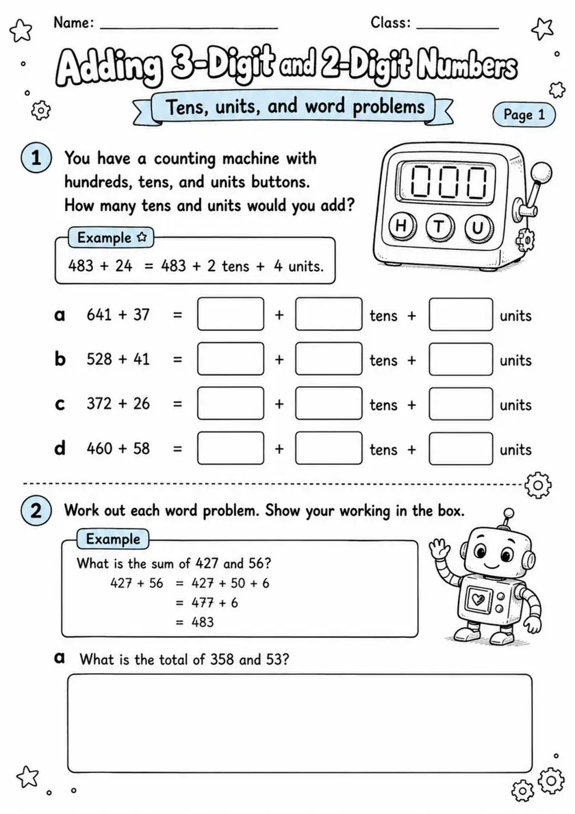 Adding 3-Digit and 2-Digit Numbers - Grade 3 Math Worksheet - WKS-MAT-grade-3-XH-0062-EN grade 3 printable PDF preview