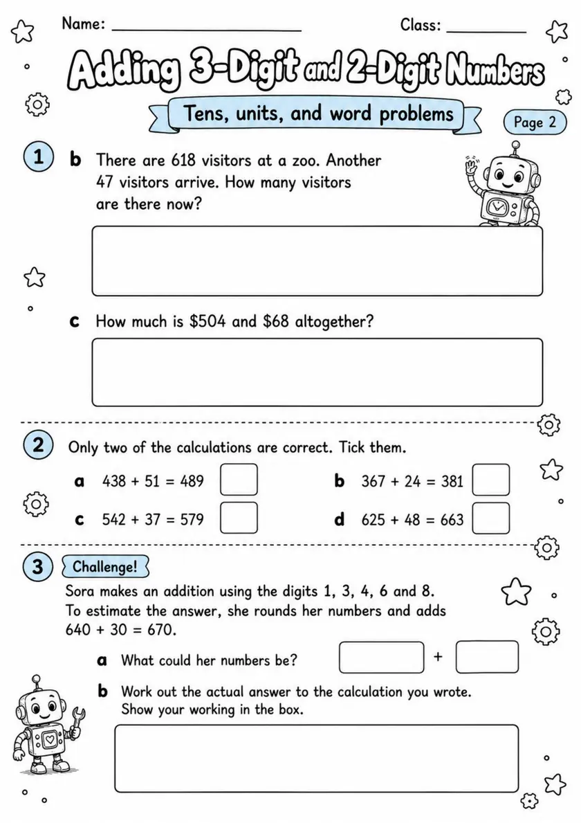 Adding 3-Digit and 2-Digit Numbers - Grade 3 Math Worksheet - WKS-MAT-grade-3-XH-0063-EN grade 3 printable PDF preview