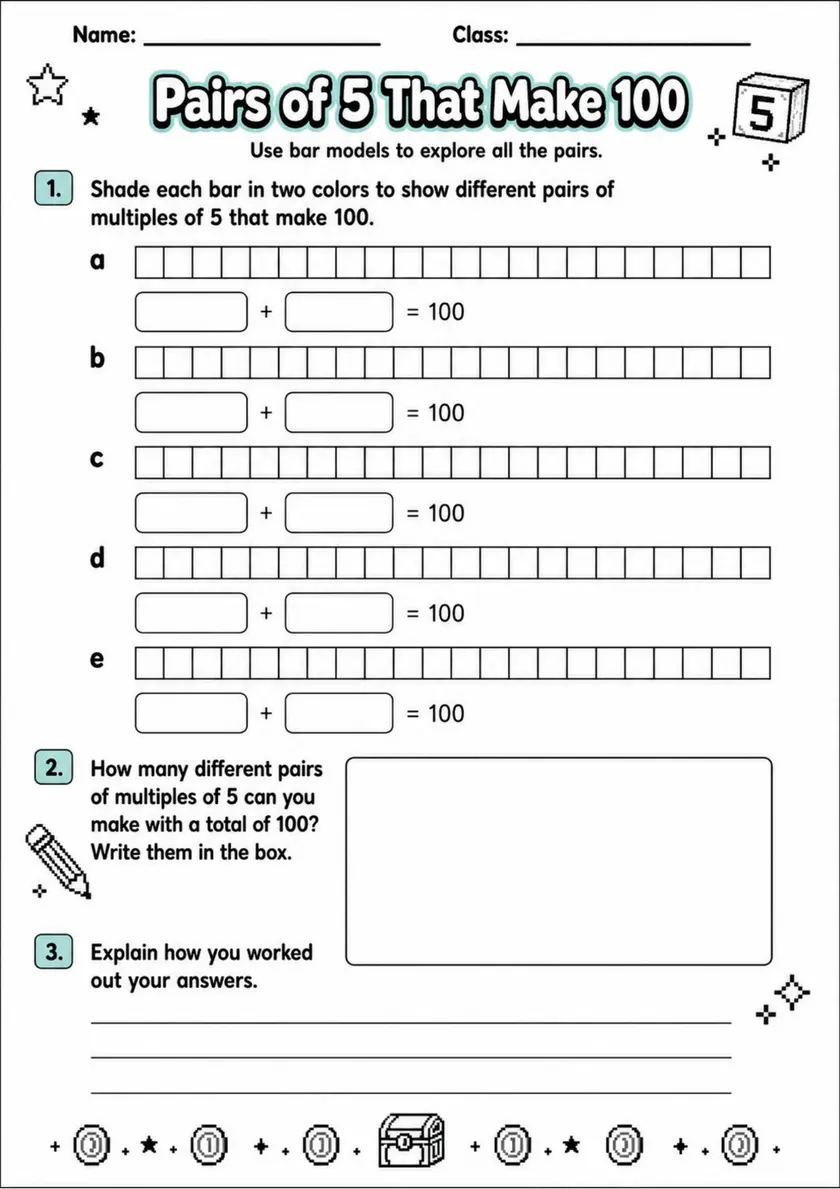 Pairs of 5 That Make 100 - Grade 3 Math Worksheet - grade 3 Diagrams, models, and drawing tasks grade 3 printable PDF preview