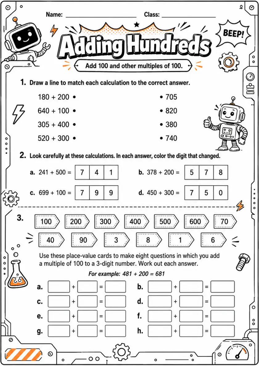 Adding Hundreds - Grade 3 Math Worksheet - grade 3 Labeling, matching, sorting, and classification grade 3 printable PDF preview