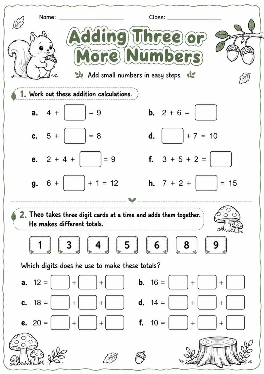 Adding Three or More Numbers - Grade 3 Math Worksheet - grade 3 Printable independent practice grade 3 printable PDF preview