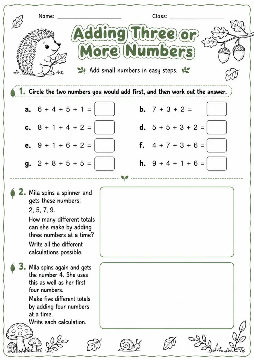 Adding Three or More Numbers - Grade 3 Math Worksheet - grade 3 Reading, explanation, and short-response questions grade 3 printable PDF preview
