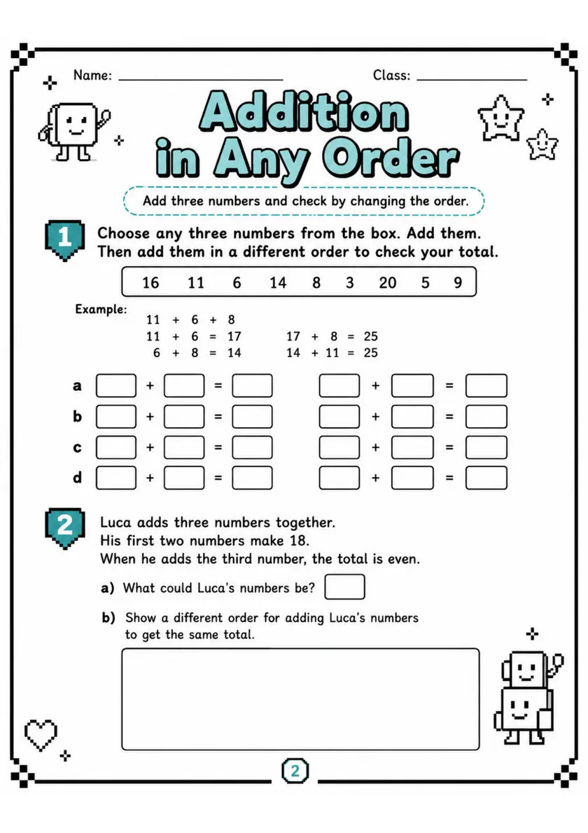 Addition in Any Order - Grade 3 Math Worksheet - grade 3 Printable independent practice grade 3 printable PDF preview