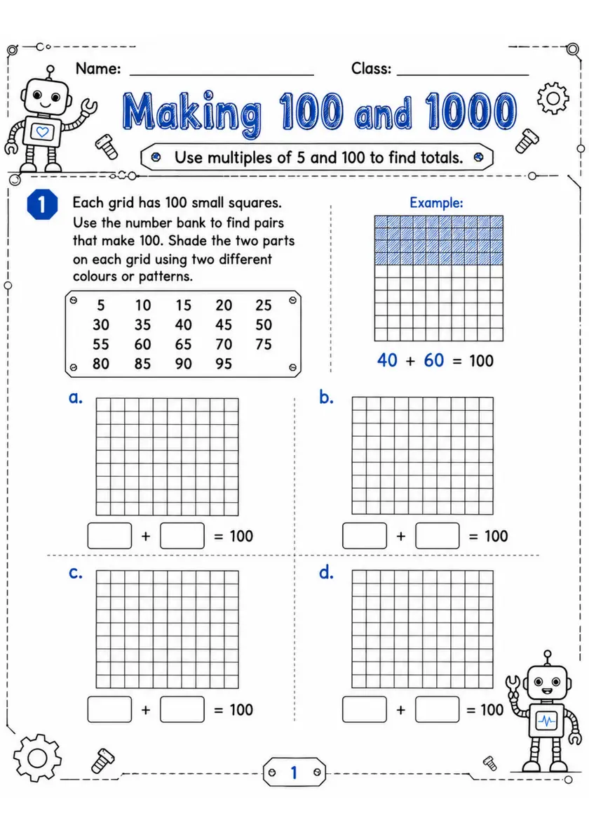 Making 100 and 1000 - Grade 3 Math Worksheet grade 3 printable PDF preview