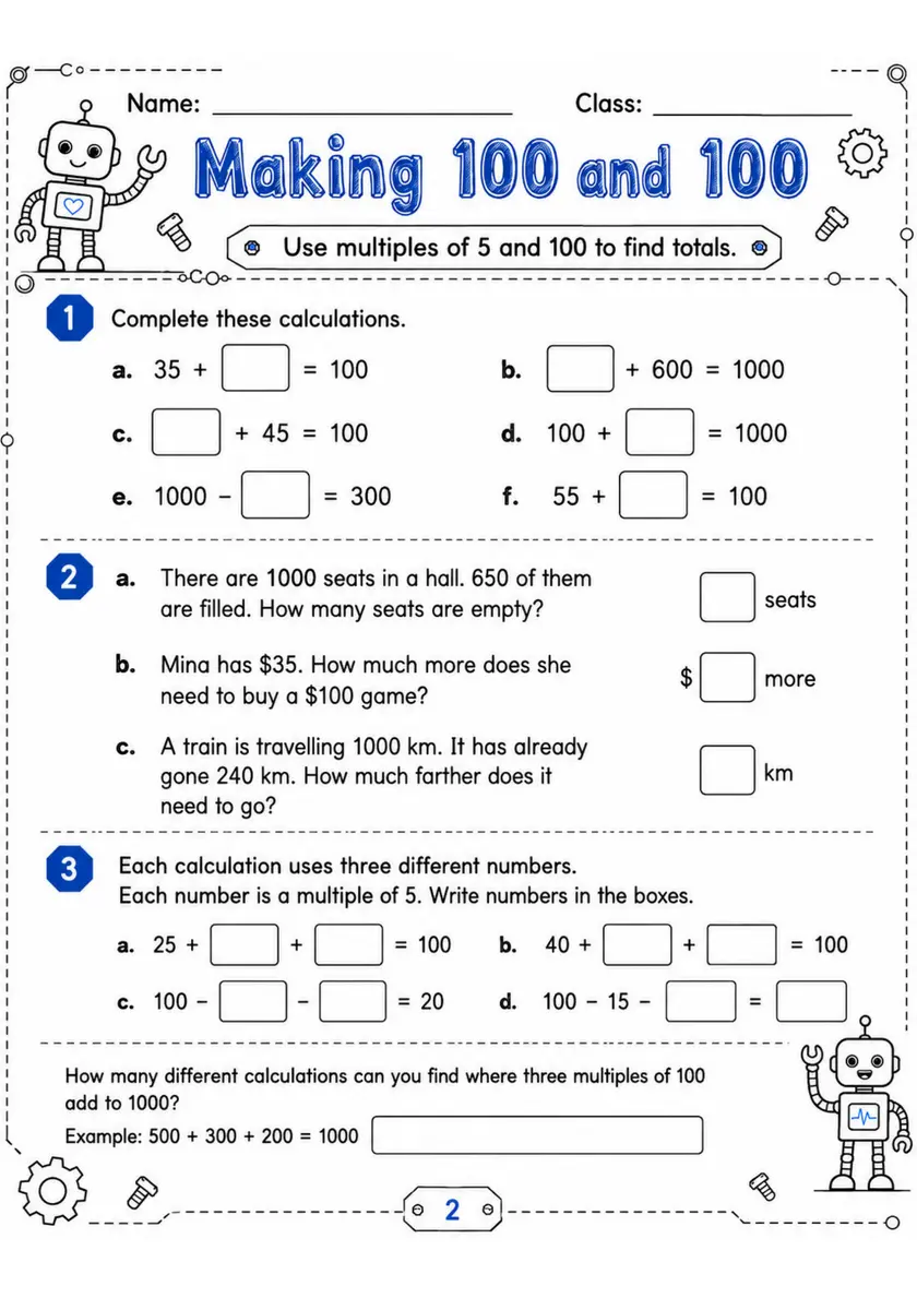 Making 100 and 100 - Grade 3 Math Worksheet grade 3 printable PDF preview