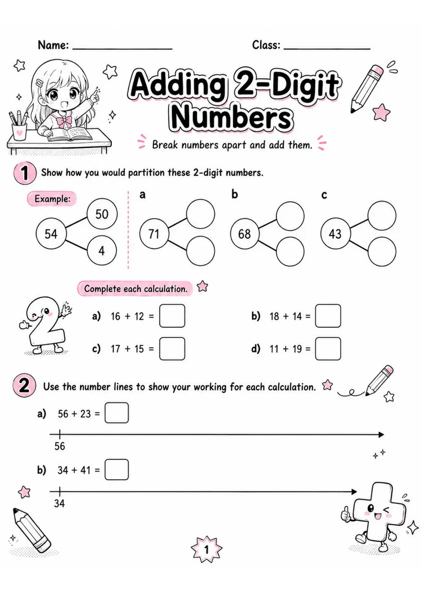 Adding 2-Digit Numbers - Grade 3 Math Worksheet - WKS-MAT-grade-3-XH-0078-EN grade 3 printable PDF preview