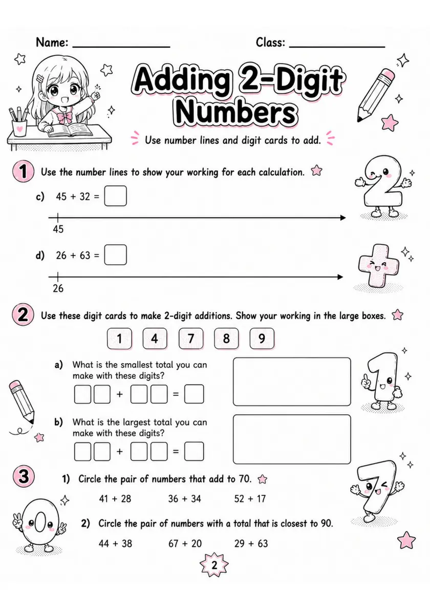 Adding 2-Digit Numbers - Grade 3 Math Worksheet - WKS-MAT-grade-3-XH-0079-EN grade 3 printable PDF preview