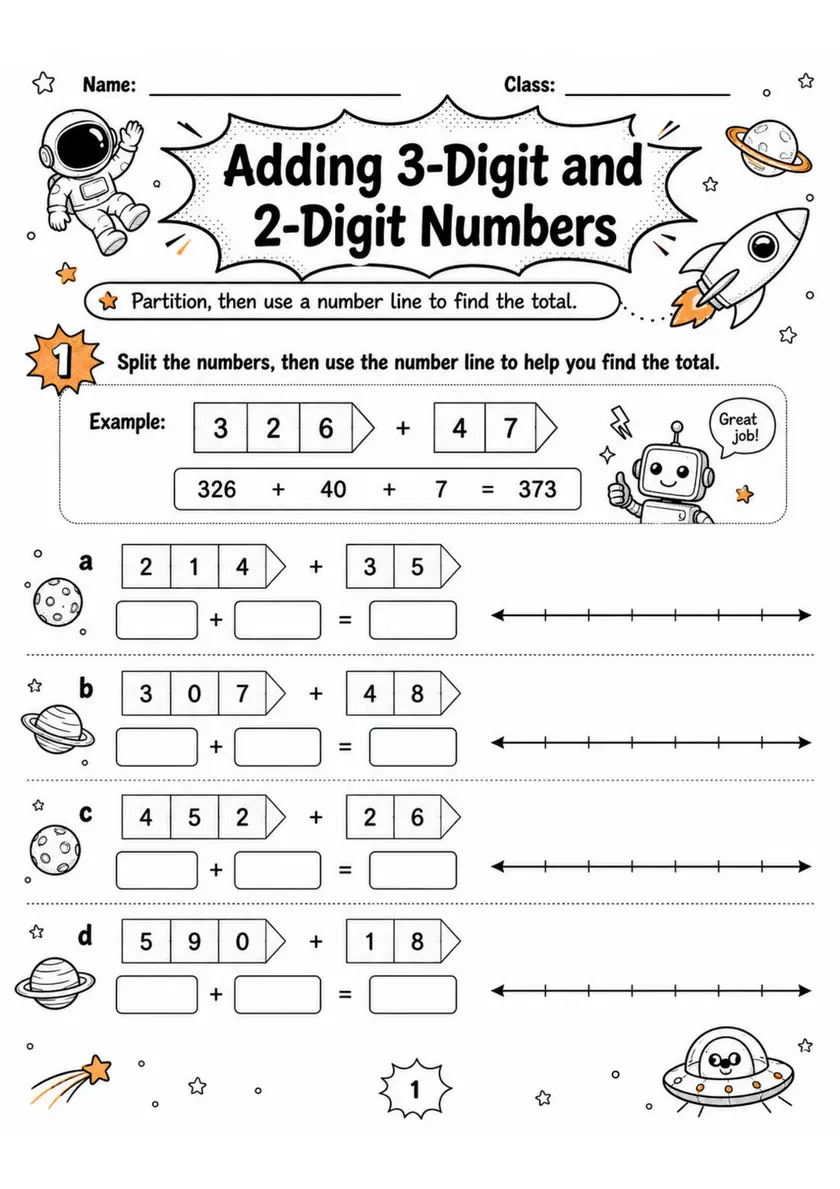 Adding 3-Digit and 2-Digit Numbers - Grade 3 Math Worksheet - WKS-MAT-grade-3-XH-0082-EN grade 3 printable PDF preview