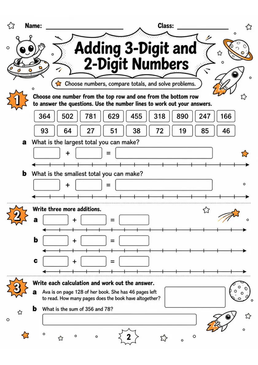 Adding 3-Digit and 2-Digit Numbers - Grade 3 Math Worksheet - grade 3 Calculations and multi-step problem solving grade 3 printable PDF preview