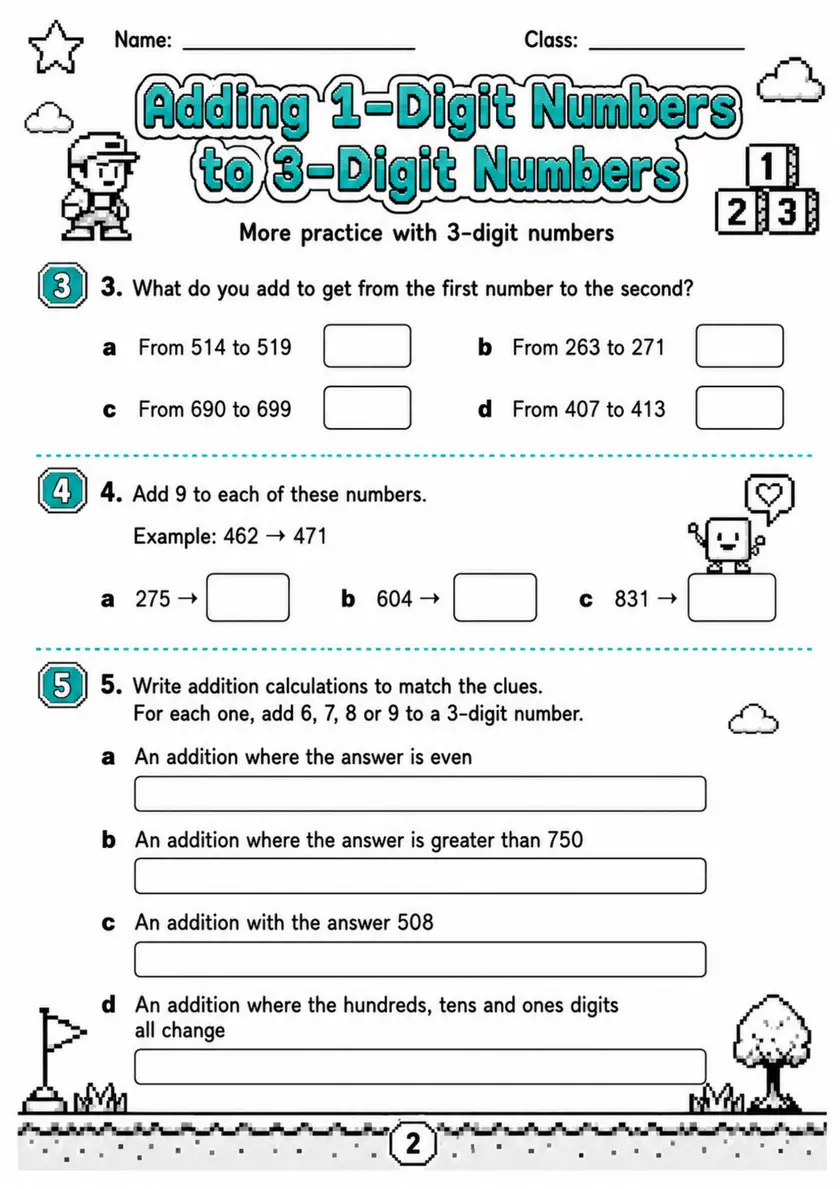 Adding 1-Digit Numbers to 3-Digit Numbers - Grade 3 Math Worksheet - grade 3 Labeling, matching, sorting, and classification grade 3 printable PDF preview