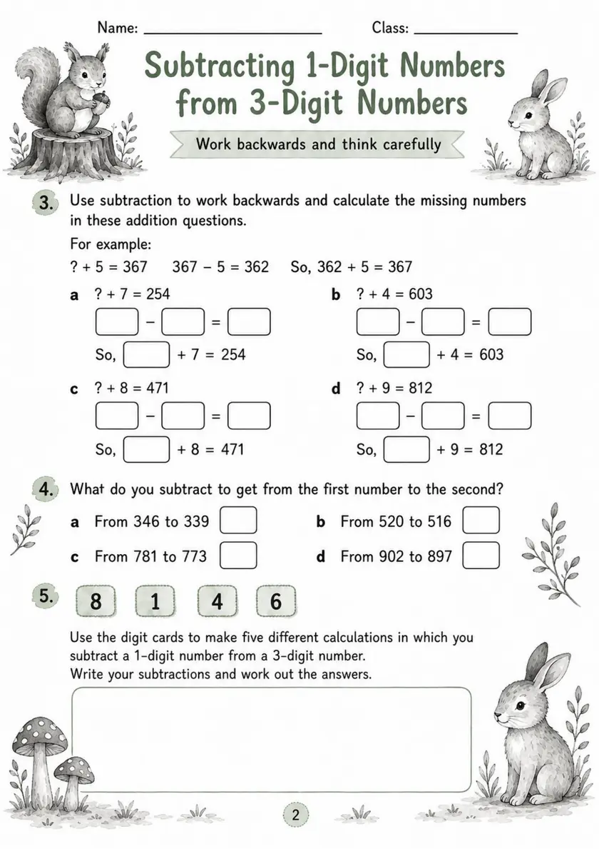 Subtracting 1-Digit Numbers from 3-Digit Numbers - Grade 3 Math Worksheet - grade 3 Calculations and multi-step problem solving grade 3 printable PDF preview