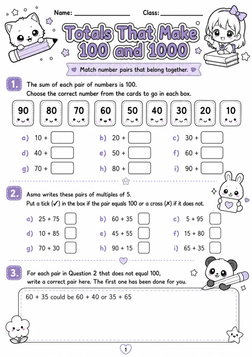 Totals That Make 100 and 1000 - Grade 3 Math Worksheet - WKS-MAT-grade-3-XH-0092-EN grade 3 printable PDF preview