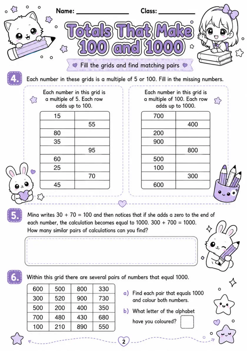 Totals That Make 100 and 1000 - Grade 3 Math Worksheet - WKS-MAT-grade-3-XH-0093-EN grade 3 printable PDF preview
