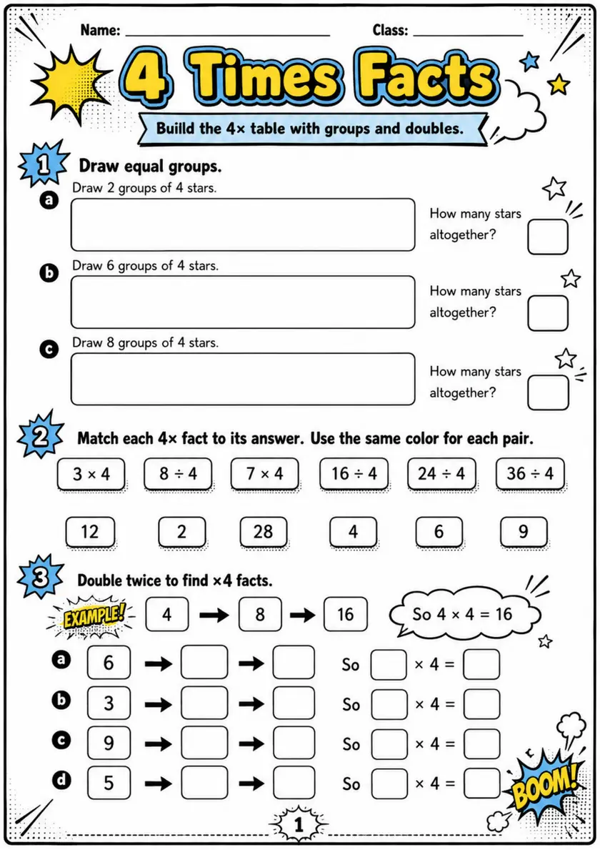4 Times Facts - Grade 3 Math Worksheet - grade 3 Graphs, tables, and data interpretation grade 3 printable PDF preview