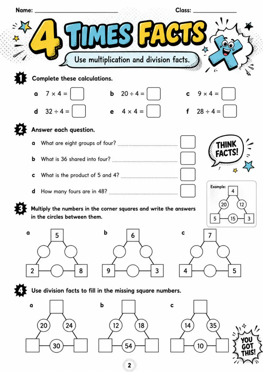 4 TIMES FACTS - Grade 3 Math Worksheet - grade 3 Reading, explanation, and short-response questions grade 3 printable PDF preview