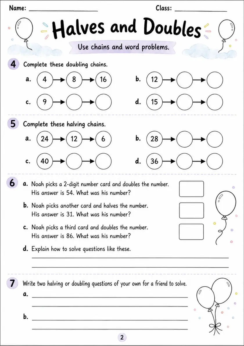 Halves and Doubles - Grade 3 Math Worksheet - grade 3 Calculations and multi-step problem solving grade 3 printable PDF preview