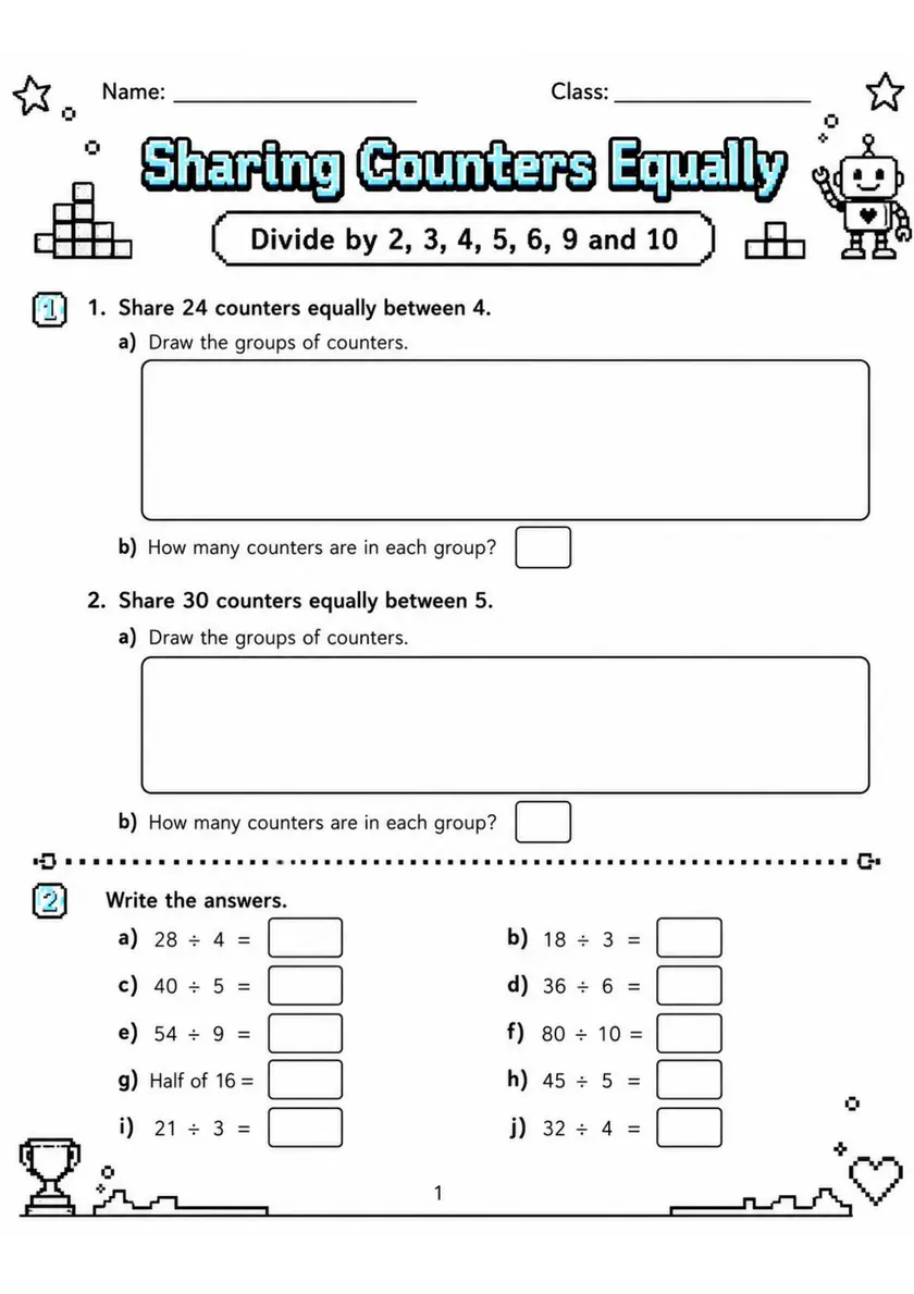 Sharing Counters Equally - Grade 3 Math Worksheet grade 3 printable PDF preview