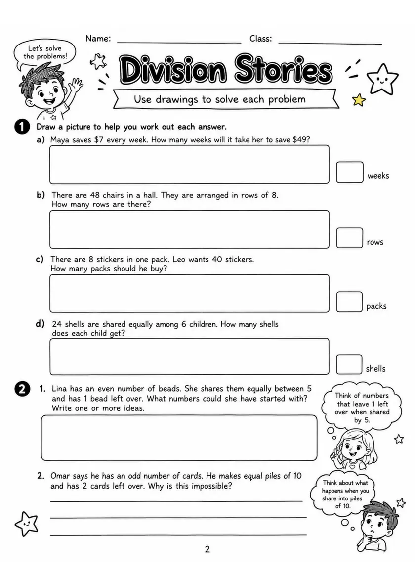 Division Stories - Grade 3 Math Worksheet grade 3 printable PDF preview