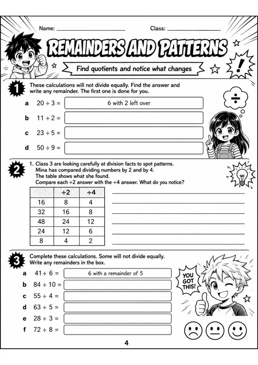 REMAINDERS AND PATTERNS - Grade 3 Math Worksheet grade 3 printable PDF preview