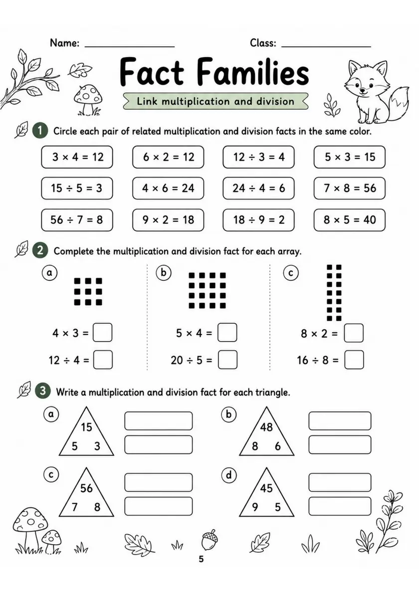 Fact Families - Grade 3 Math Worksheet grade 3 printable PDF preview
