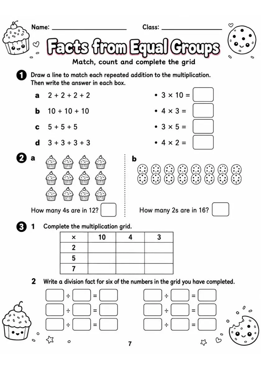 Facts from Equal Groups - Grade 3 Math Worksheet grade 3 printable PDF preview