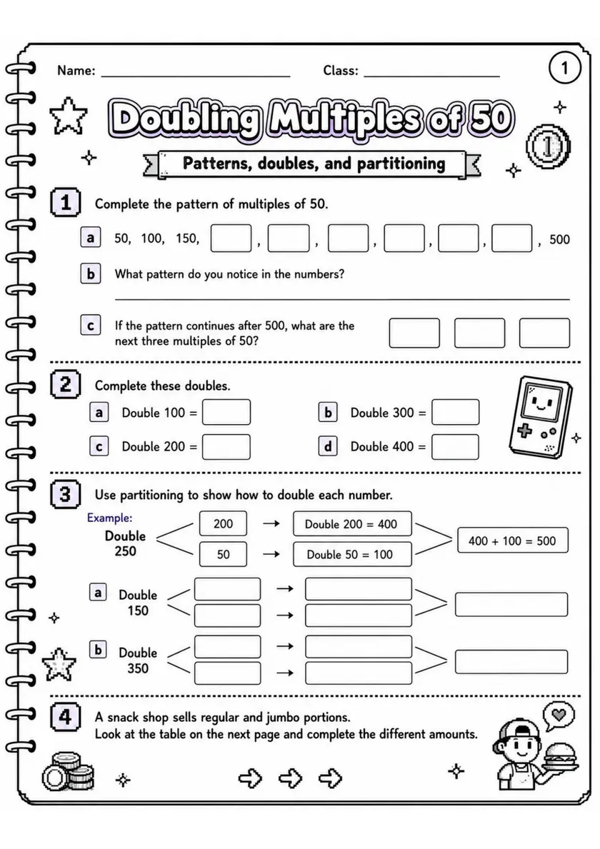 Doubling Multiples of 50 - Grade 3 Math Worksheet - grade 3 Graphs, tables, and data interpretation grade 3 printable PDF preview