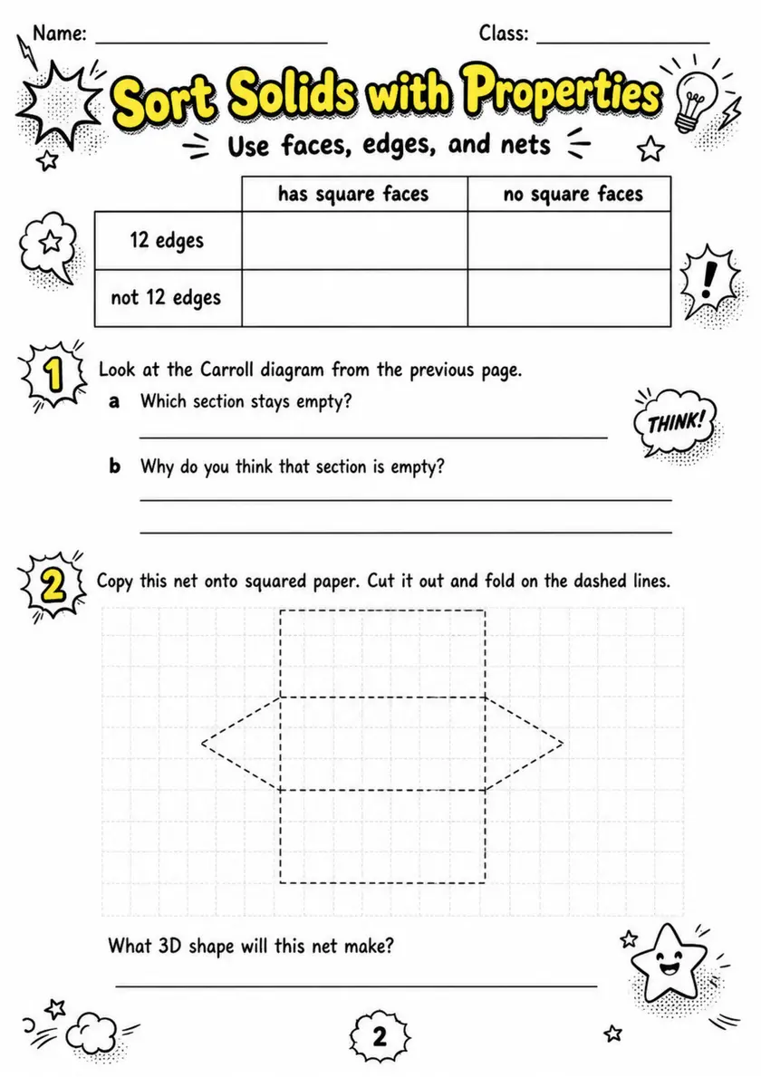 Sort Solids with Properties - Grade 3 Math Worksheet grade 3 printable PDF preview