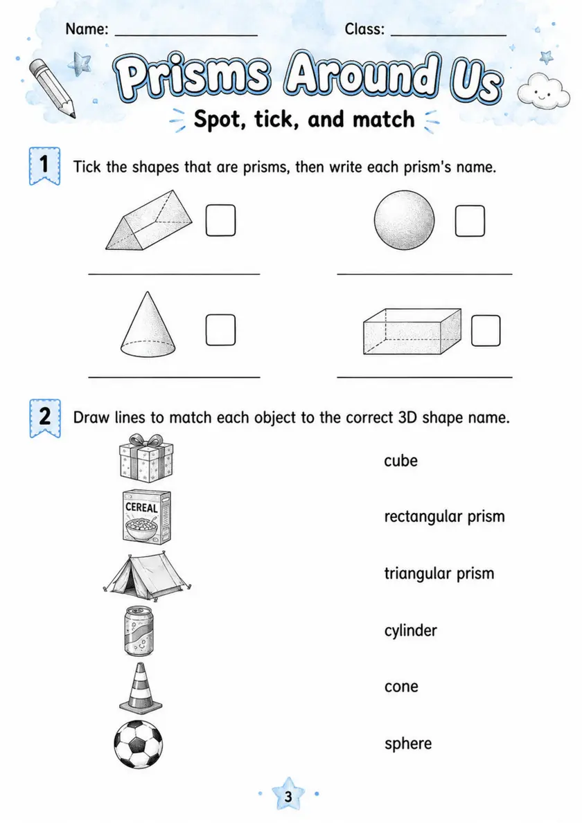 Prisms Around Us - Grade 3 Math Worksheet grade 3 printable PDF preview