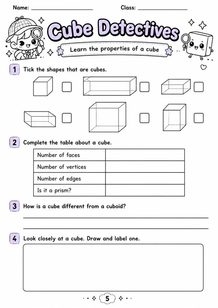 Cube Detectives - Grade 3 Math Worksheet grade 3 printable PDF preview