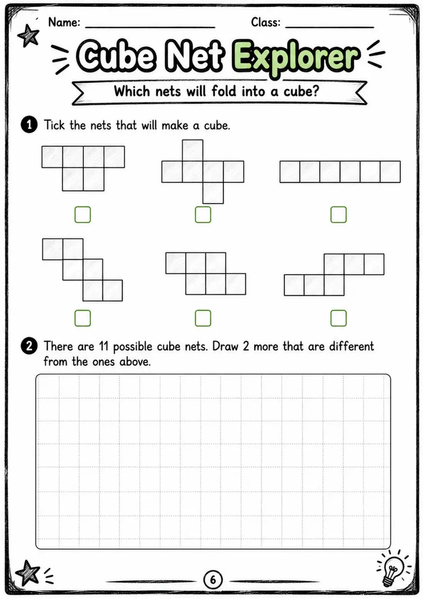 Cube Net Explorer - Grade 3 Math Worksheet grade 3 printable PDF preview