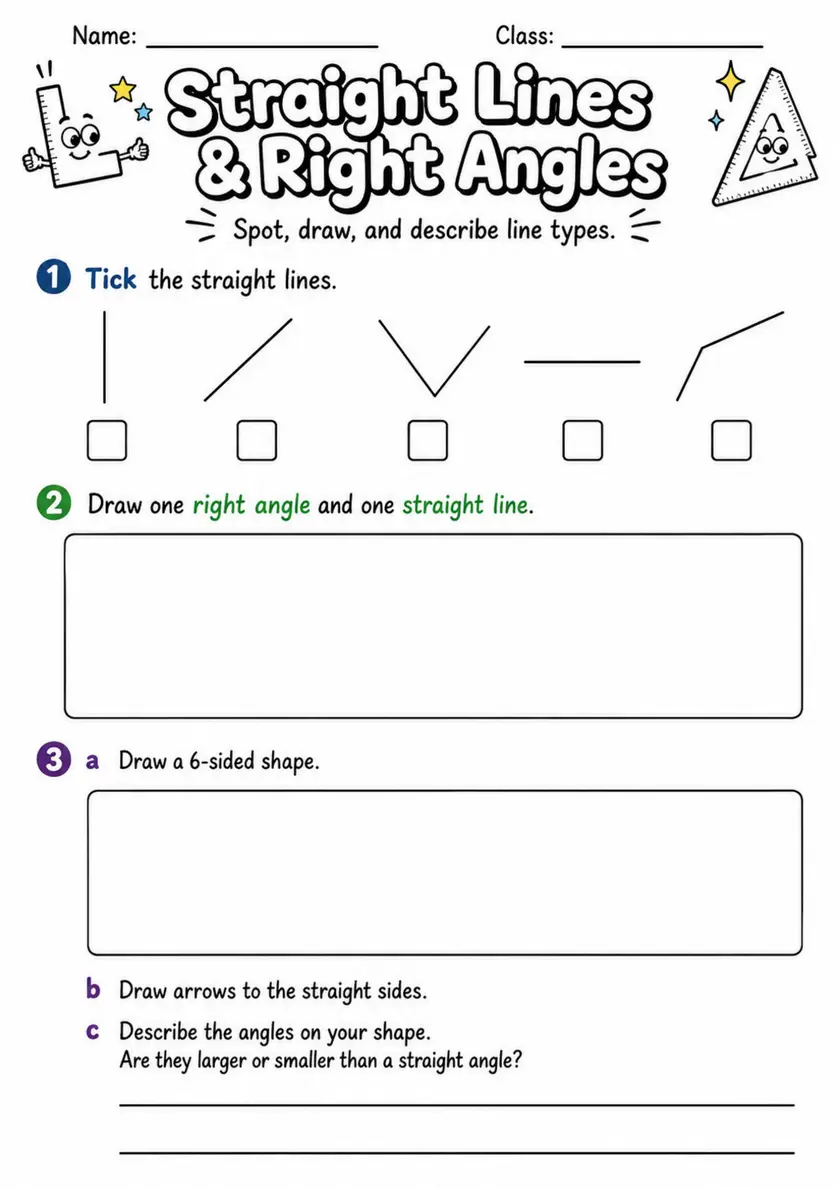 Straight Lines & Right Angles - Grade 3 Math Worksheet grade 3 printable PDF preview
