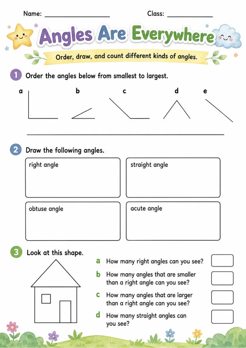 Angles Are Everywhere - Grade 3 Math Worksheet grade 3 printable PDF preview