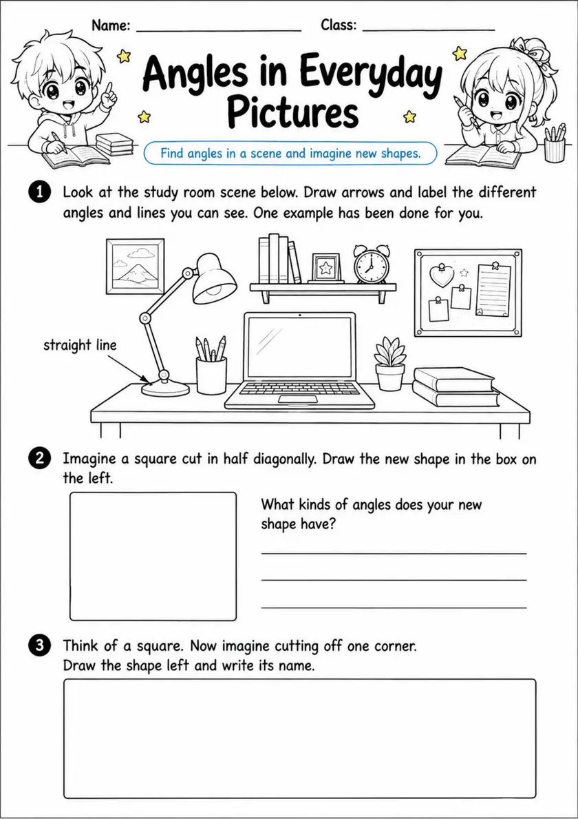 Angles in Everyday Pictures - Grade 3 Math Worksheet grade 3 printable PDF preview