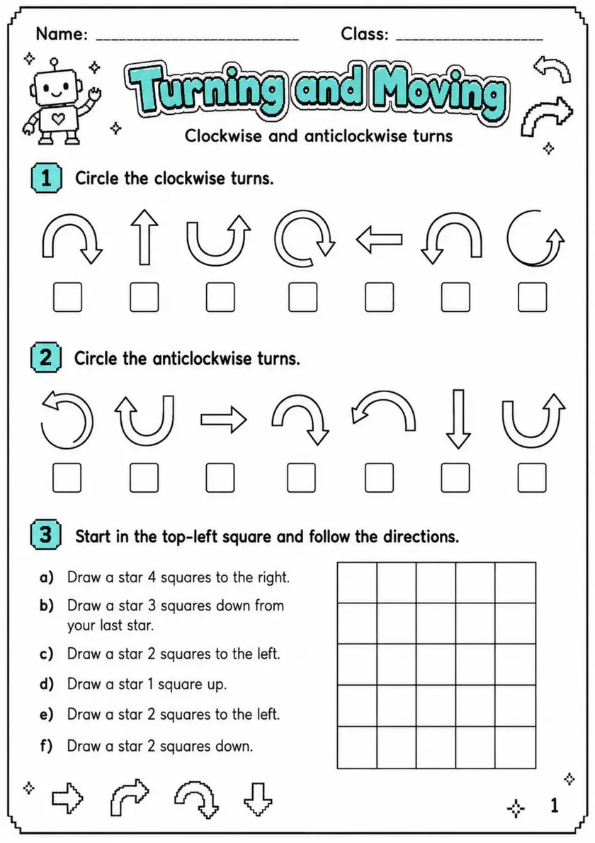 Turning and Moving - Grade 3 Math Worksheet grade 3 printable PDF preview