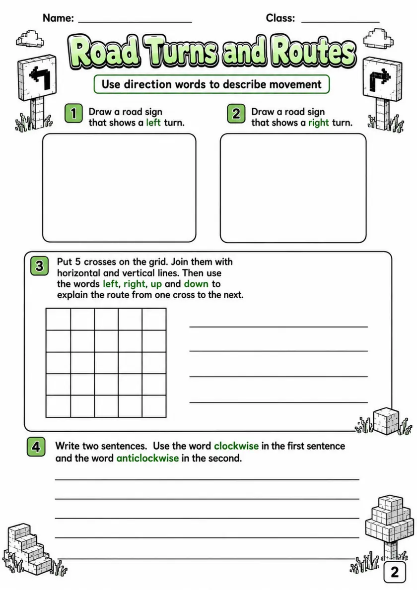 Road Turns and Routes - Grade 3 Math Worksheet grade 3 printable PDF preview