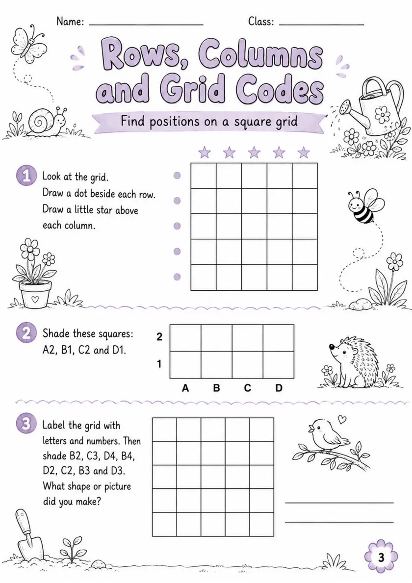 Rows, Columns and Grid Codes - Grade 3 Math Worksheet grade 3 printable PDF preview
