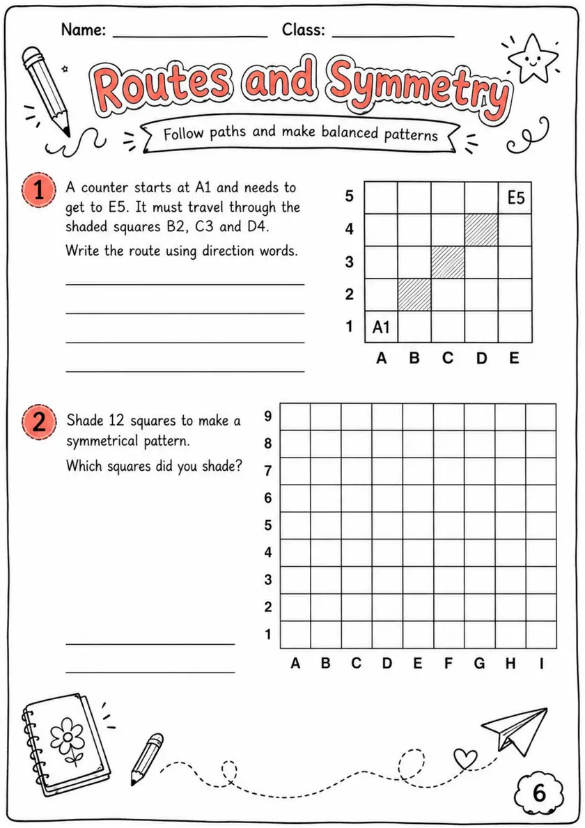 Routes and Symmetry - Grade 3 Math Worksheet grade 3 printable PDF preview