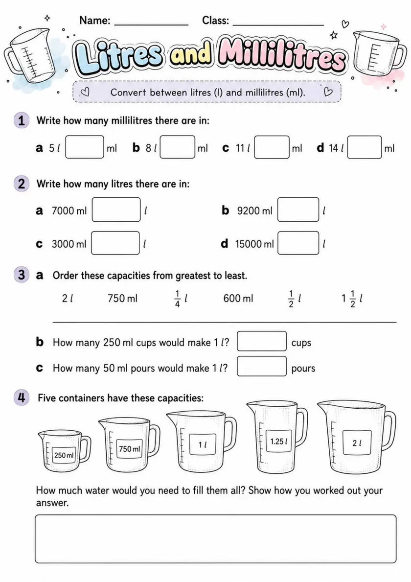 Litres and Millilitres - Grade 3 Math Worksheet grade 3 printable PDF preview