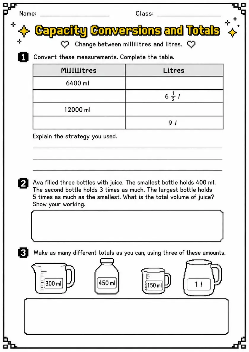 Capacity Conversions and Totals - Grade 3 Math Worksheet grade 3 printable PDF preview