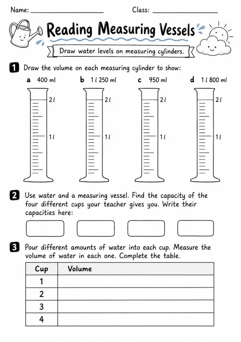 Reading Measuring Vessels - Grade 3 Math Worksheet grade 3 printable PDF preview