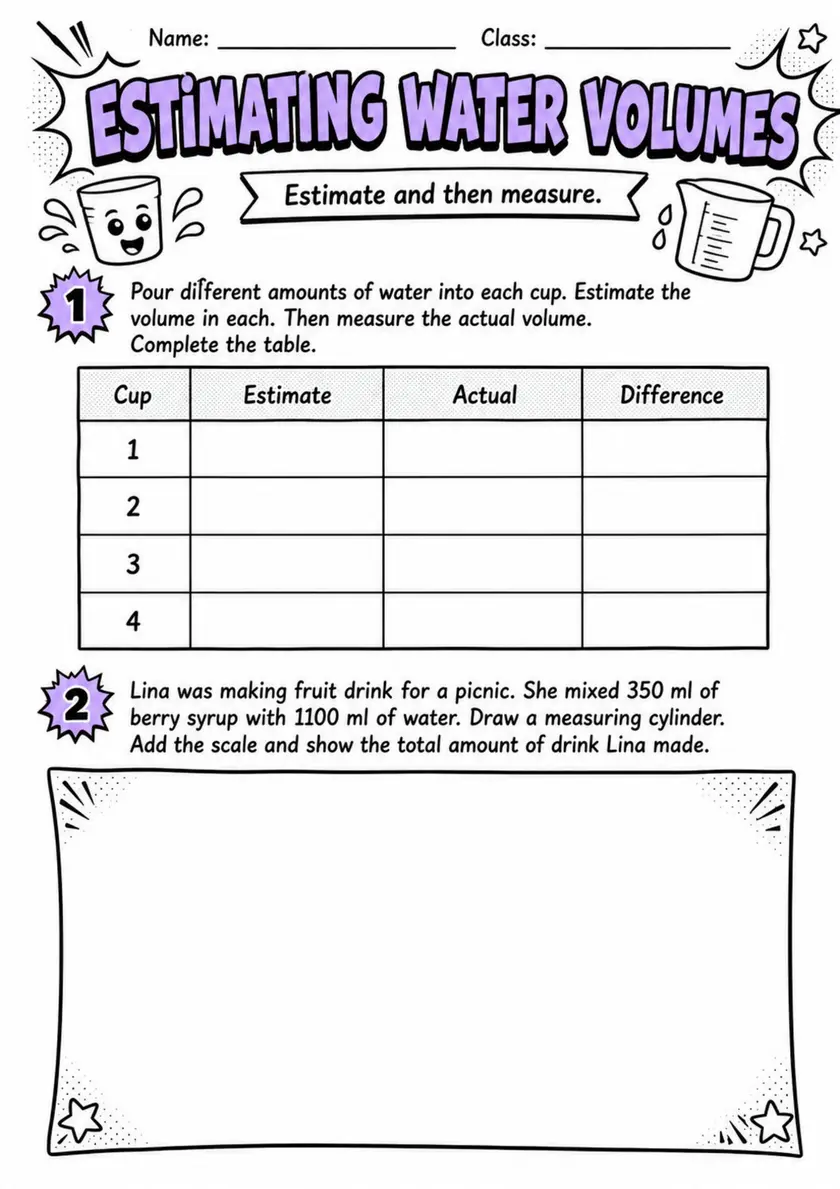 ESTIMATING WATER VOLUMES - Grade 3 Math Worksheet grade 3 printable PDF preview