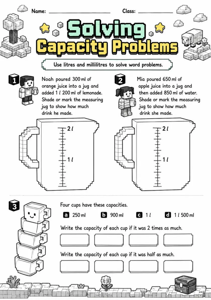 Solving Capacity Problems - Grade 3 Math Worksheet grade 3 printable PDF preview